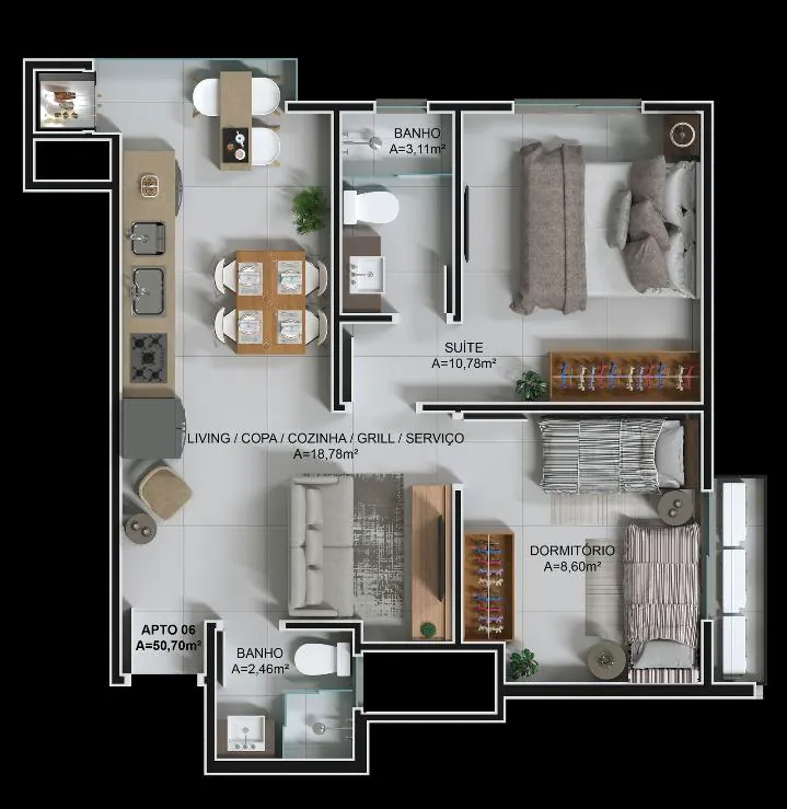 Tipo 6 floor plan: living, dining, kitchen, grill and laundry 18.78 m², suite 10.78 m² with bathroom 3.11 m², bedroom 8.60 m², bathroom 2.46 m²; 50.70 m² private.