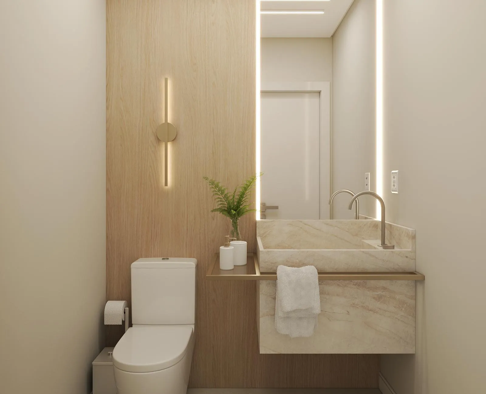 Powder room with veined stone basin and oak wall