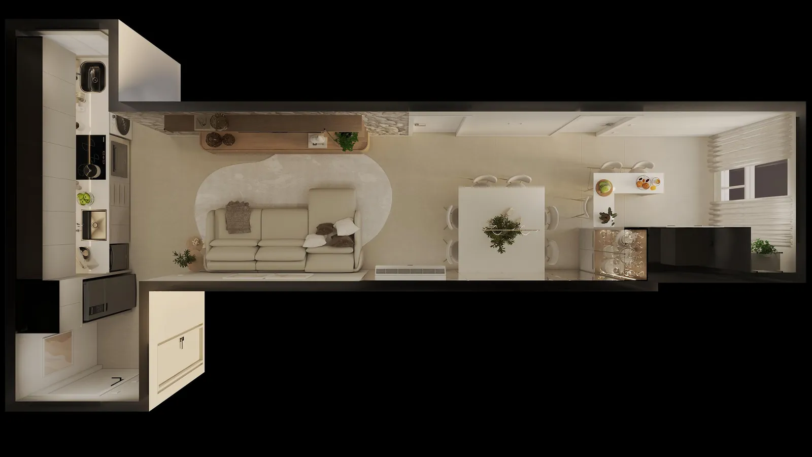 Overhead view of the kitchen, living and dining layout